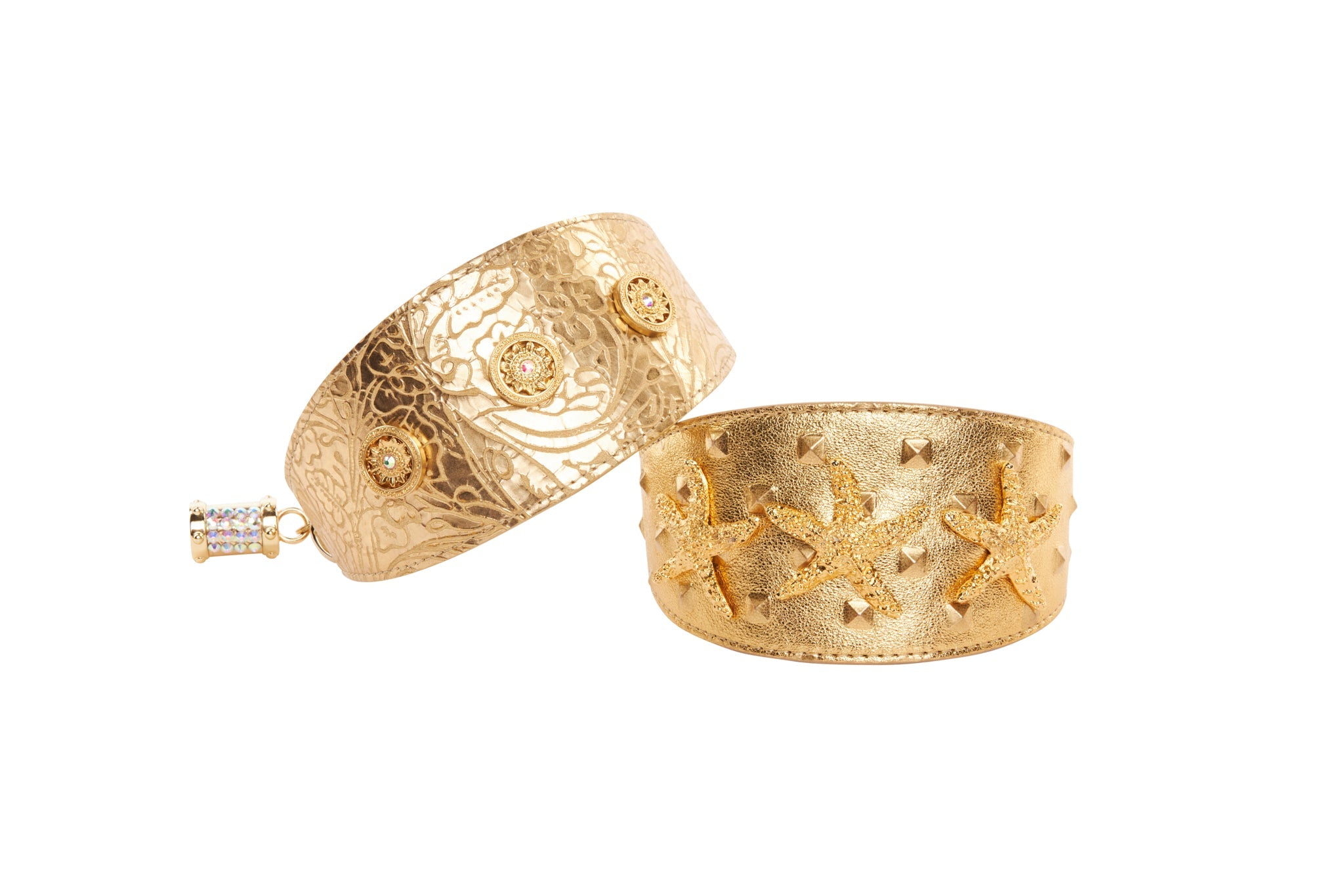 Set Of Gold Floral Italian Leather With Swarovski Sunflowers & Gold Studded Italian Leather Starfish  3” Wide Style Collars