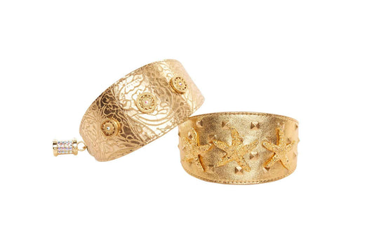 Set Of Gold Floral Italian Leather With Swarovski Sunflowers & Gold Studded Italian Leather Starfish  3” Wide Style Collars