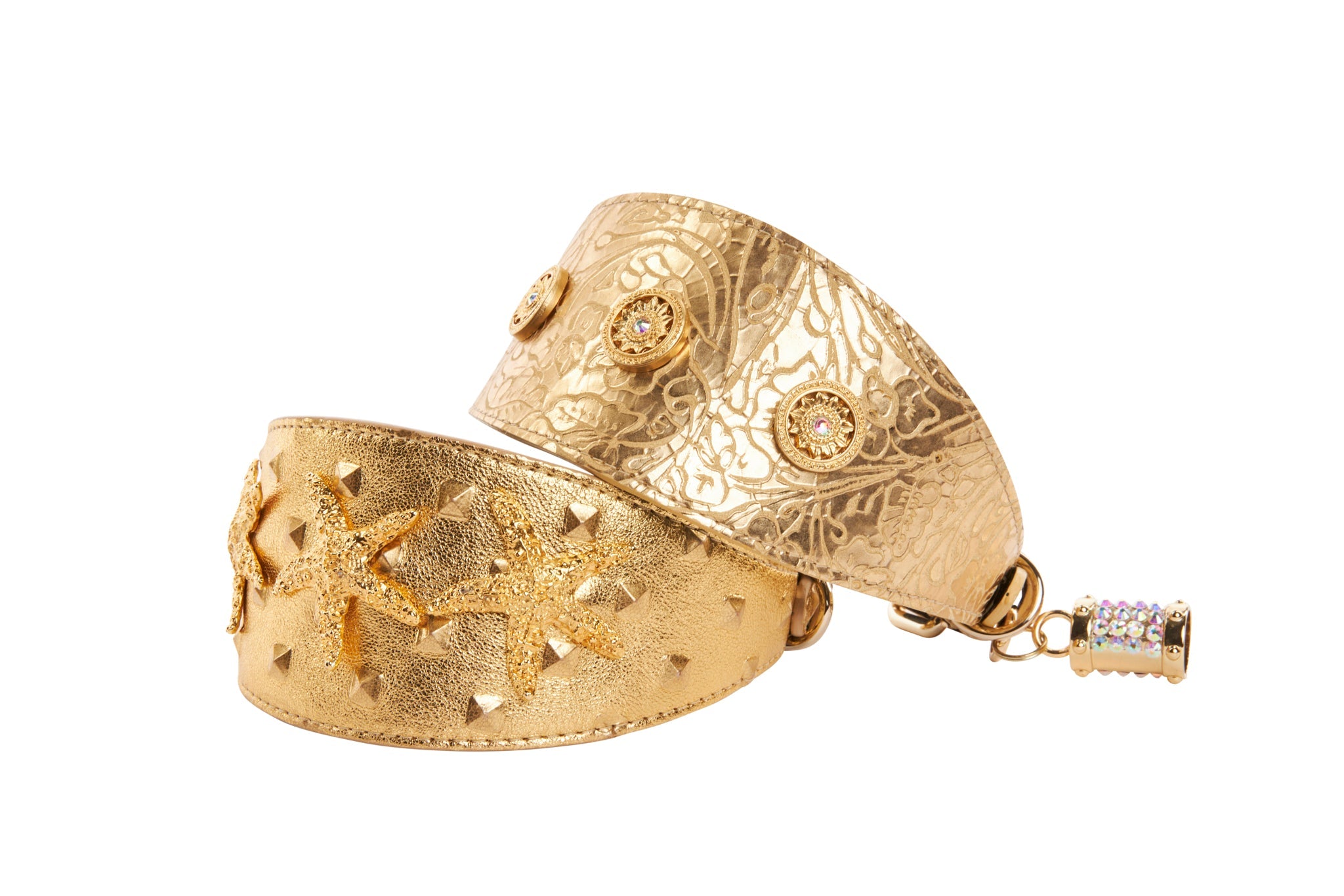 Set Of Gold Floral Italian Leather With Swarovski Sunflowers & Gold Studded Italian Leather Starfish  3” Wide Style Collars
