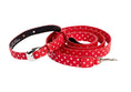 Load image into Gallery viewer, Red & Silver Polka Dot Italian Leather Collar & Leash Set With Silver Oval Hardware
