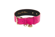 Fuchsia Pink Italian Leather Classic Collar With Puffy Heart Charm