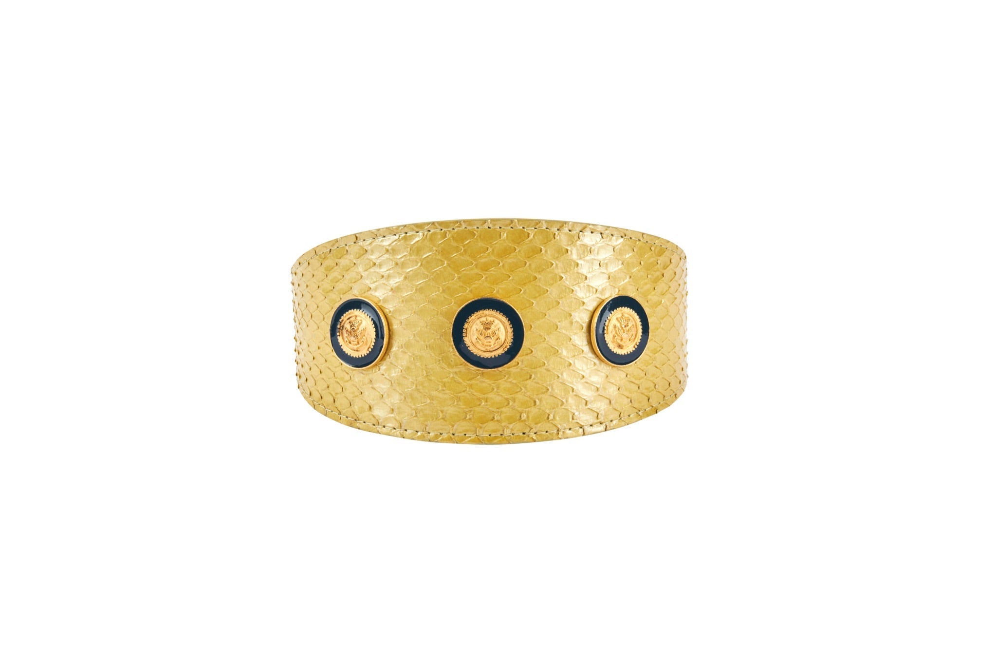 Pearl Yellow Snake With Vintage Gold & Navy Rivets. 3” Wide Style Collar