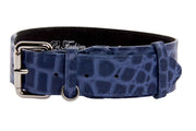 Blue Embossed Croc Italian Leather Collar With Silver Classic Hardware