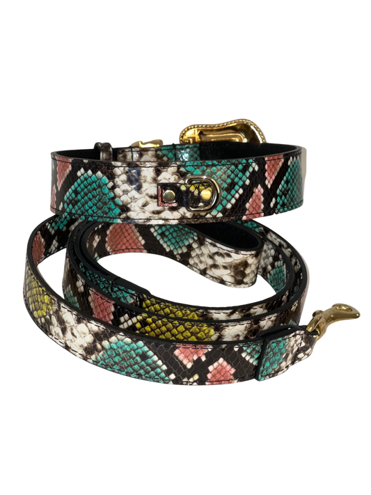 Multi-Color Embossed Snake Italian Leather Collar & Leash Set, with our Italian Made Swarovski Crystal Hardware