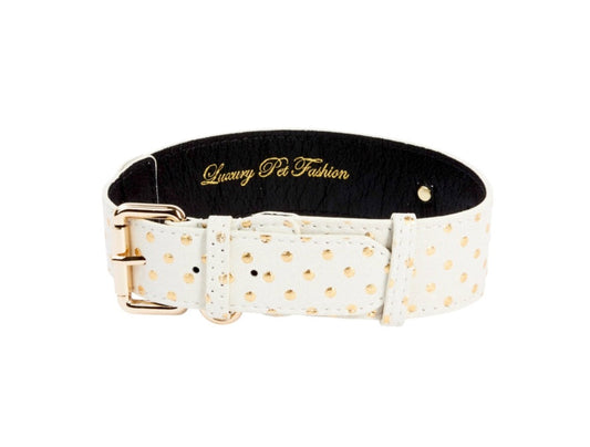 White & Gold Polka Dot Italian Leather Classic Collar