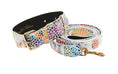 Load image into Gallery viewer, White Floral Mosaic Italian Leather Collar & Leash Set With Gold Classic Hardware
