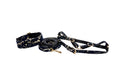 Load image into Gallery viewer, Dark Navy Lace On Gold Italian Leather Classic Collar, Leash & Harness Set
