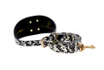 Load image into Gallery viewer, Black & White Snake 3” Wide Style Collar & Leash Set  With Large Gold Custom Rivet
