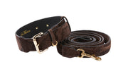 Brown Snake Print Hair On Hide Italian Leather With Classic Hardware Collar & Leash Set