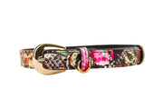 Floral, Scull, Snake Print Italian Leather Collar With Gold Oval Hardware