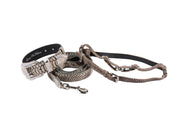 Grey Snake Print Hair On Hide Italian Leather Collar & Leash Set With Swarovski Crystal Hardware