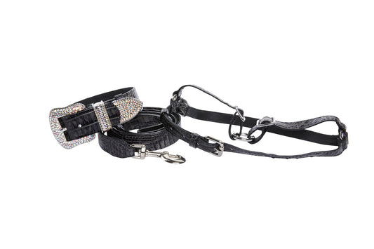 Dark Grey/Light Grey Embossed Croc Italian Leather Silver Swarovski Crystal Collar, Leash, Harness Set