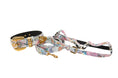 Load image into Gallery viewer, White Floral Mosaic Italian Leather Collar, Leash, Harness Set with Orante Swarovski Crystal Hardware
