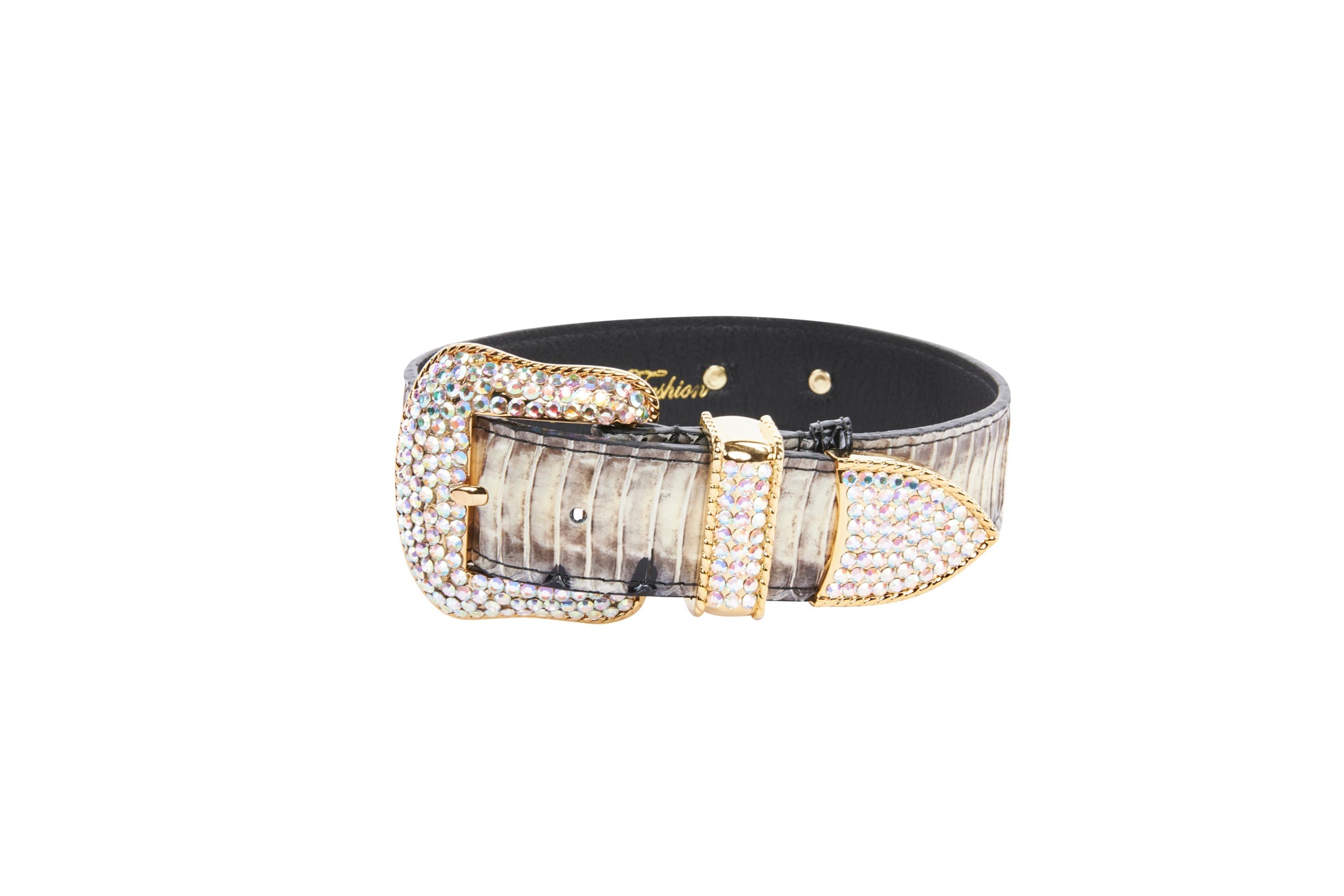 Off White/Black Snake With Gold Swarovski Crystal Hardware Collar & Leash Set