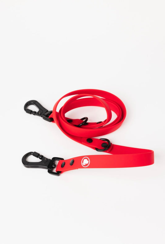 Ruby Red Adjustable Leash by The Modern Dog Company, featuring a sleek design with black clips and adjustable length.