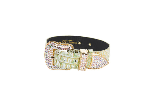 Green & Gold Embossed Croc Italian Leather Swarovski Crystal Collar