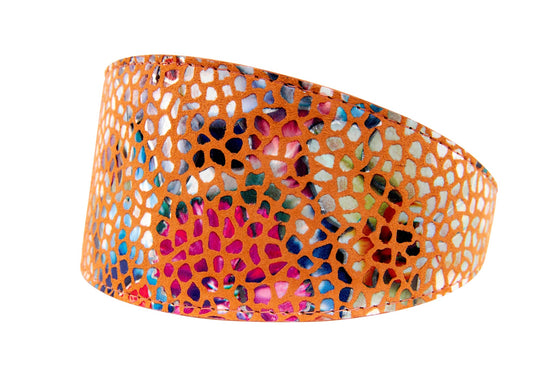 Orange Floral Mosaic Italian Leather 3” Wide Style Collar