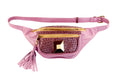 Load image into Gallery viewer, Pearl Purple Italian Leather/Purple Tilapia Fanny Pack With Custom Large Gold Rivet
