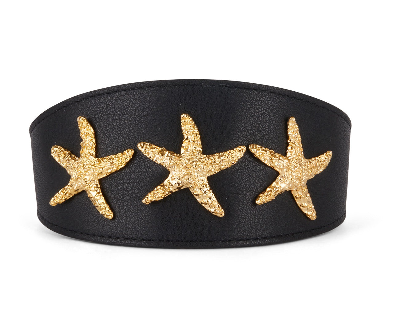 Smooth Black Italian Leather 3 Wide Style Collar With Gold Custom Starfish