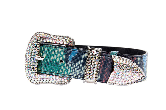 Green, Blue, Black, Red Embossed Snake Italian Leather Collar With Silver Swarovski Hardware