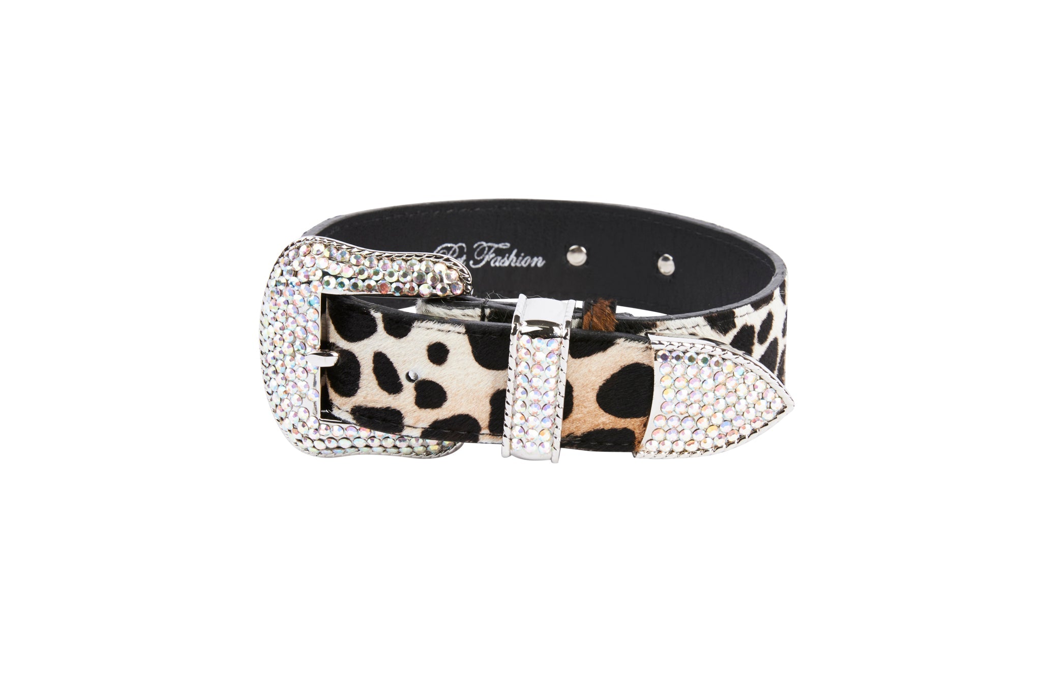 Snow Leopard Print Hair On Hide Italian Leather  Collar With Swarovski Crystal Hardware