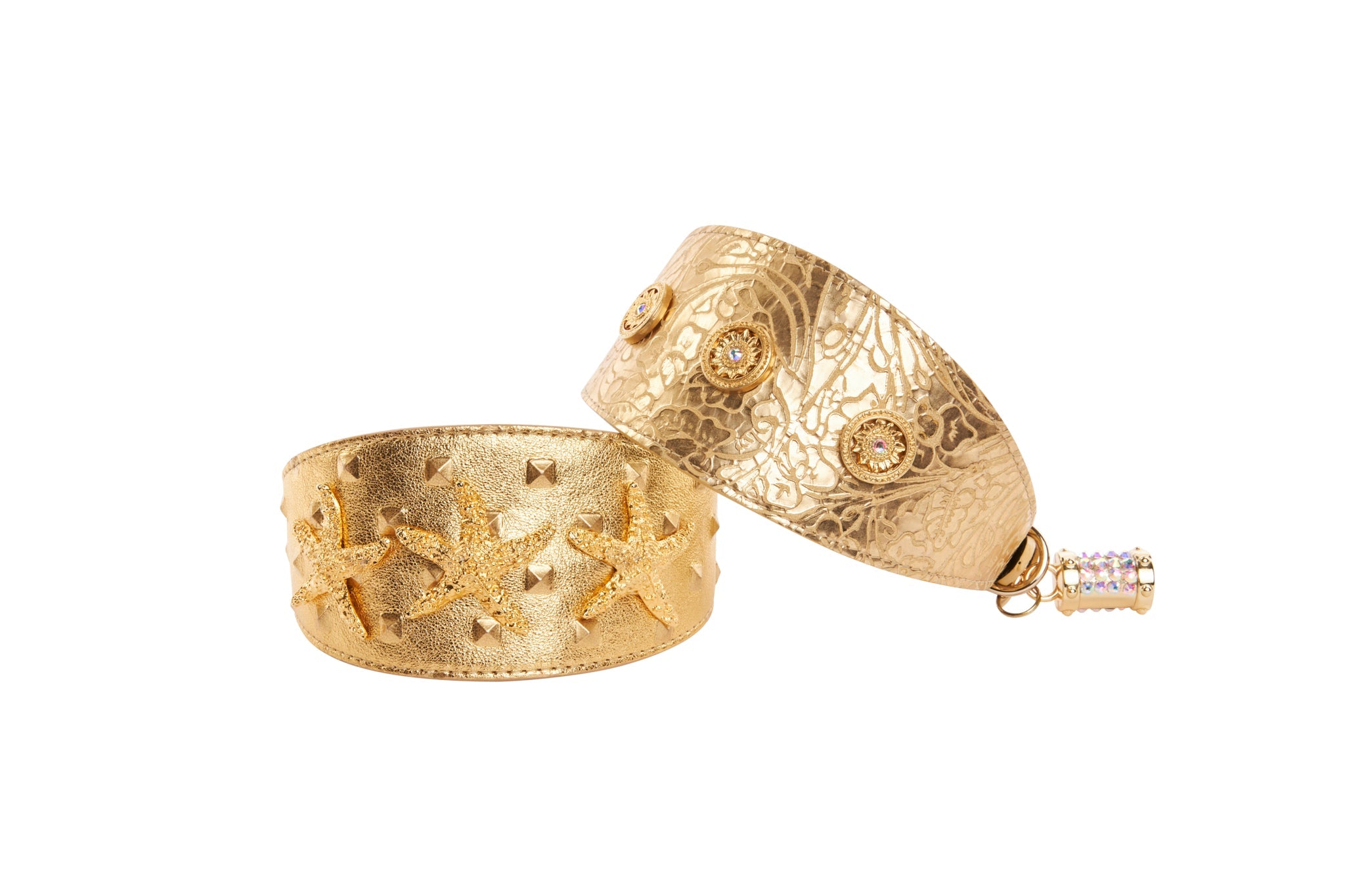 Set Of Gold Floral Italian Leather With Swarovski Sunflowers & Gold Studded Italian Leather Starfish  3” Wide Style Collars