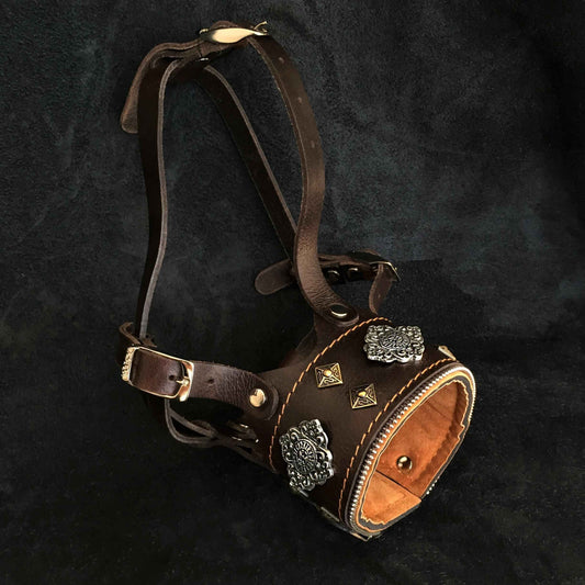 The "Aztec" leather muzzle by Bestia Dog Gear