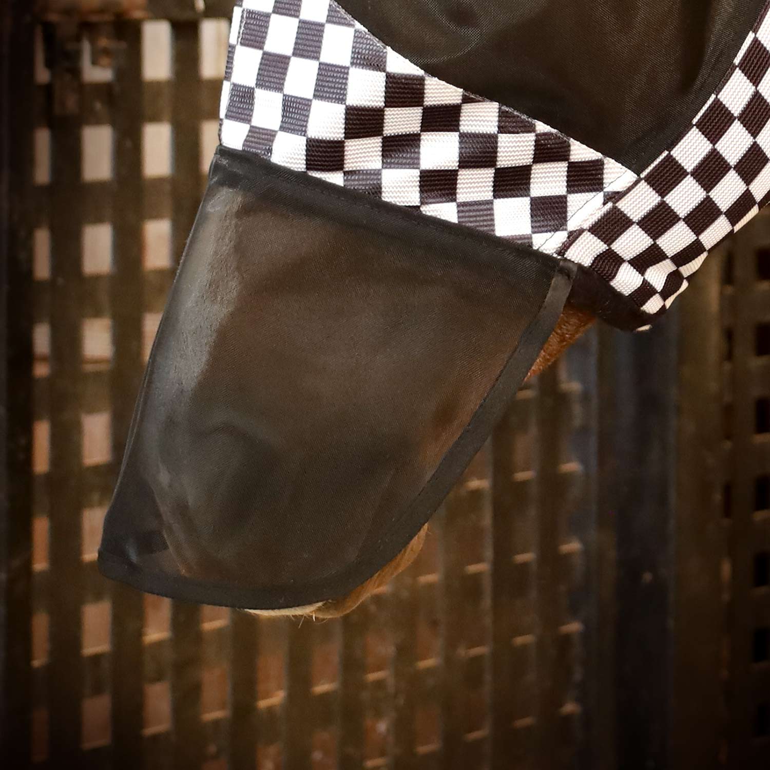 Jeffers Expression Deluxe Mesh Horse Fly Mask with Ears and Nose features a black and white checkered design and a clear mesh