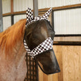 Load image into Gallery viewer, Jeffers Expression Deluxe Mesh Horse Fly Mask with Ears and Nose in a black and white checkered pattern on a horse.
