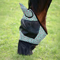 Load image into Gallery viewer, Deluxe mesh horse fly mask with ears and nose, featuring a leopard print design and a black bottom, on a horse's head.
