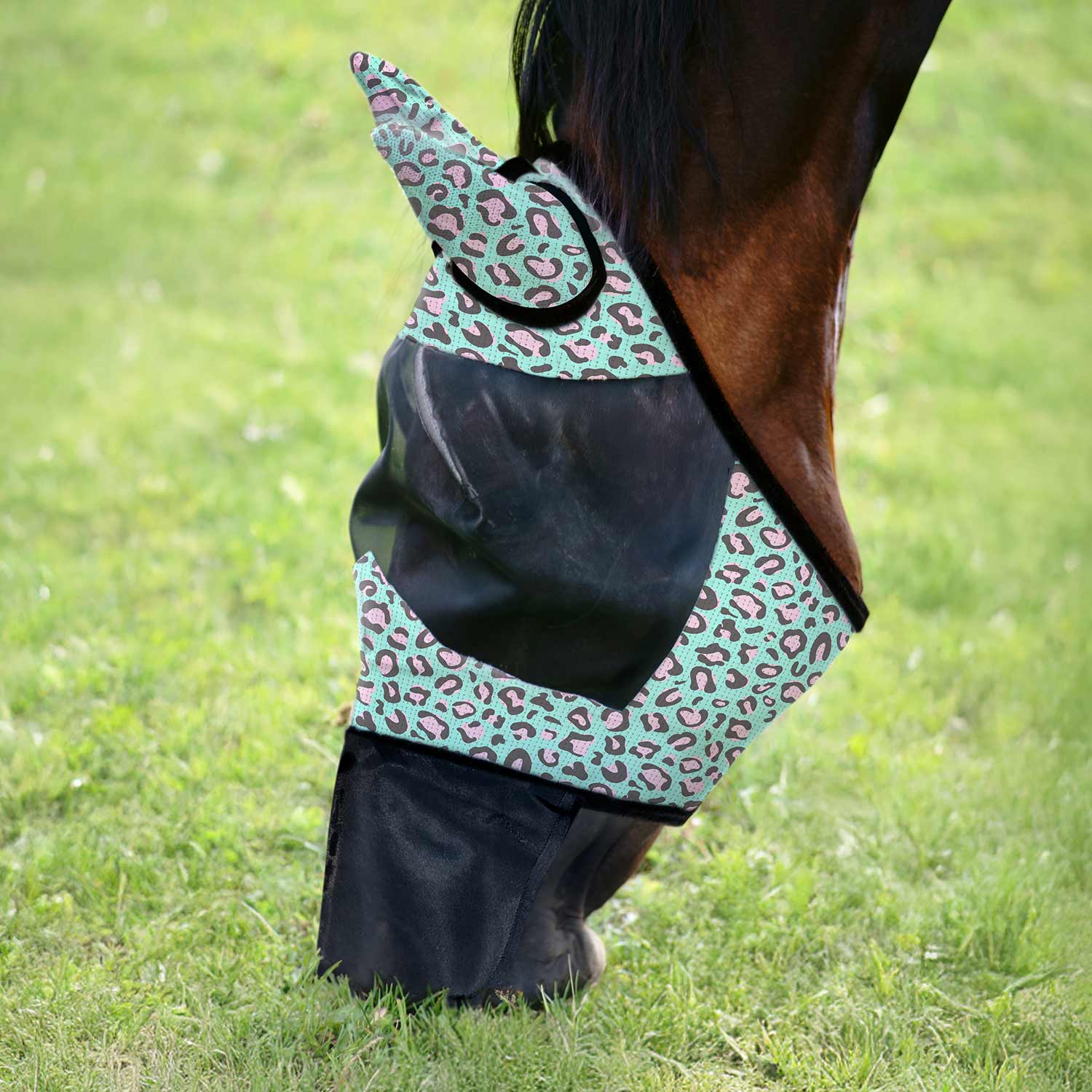 Deluxe mesh horse fly mask with ears and nose, featuring a leopard print design and a black bottom, on a horse's head.