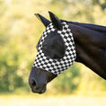 Load image into Gallery viewer, Jeffers Expression Lycra Horse Fly Mask with Ears in a black and white checkered pattern, fitted on a horse's head.
