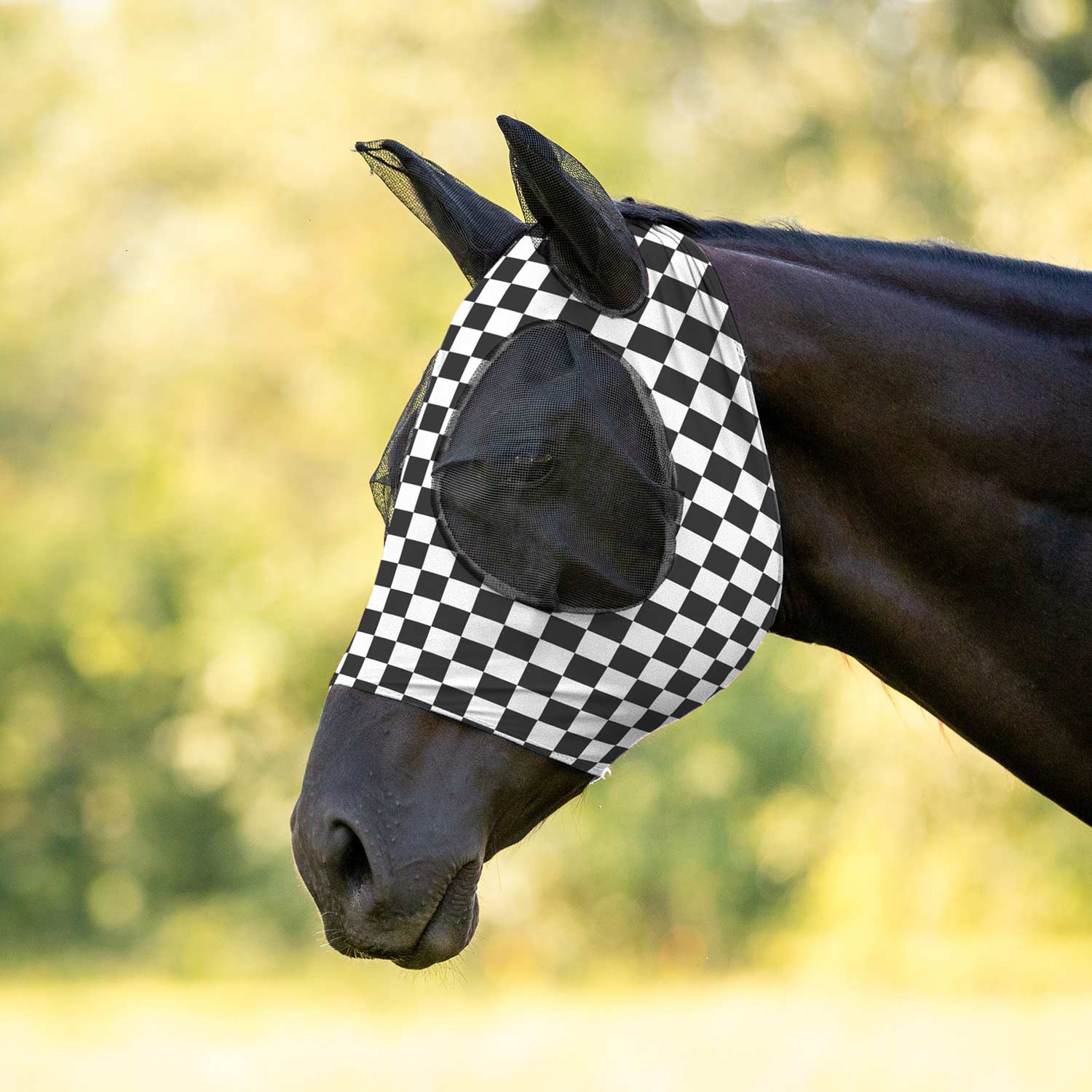 Jeffers Expression Lycra Horse Fly Mask with Ears in a black and white checkered pattern, fitted on a horse's head.