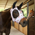 Load image into Gallery viewer, Southlake Paws Jeffers Expression Lycra Horse Fly Mask with Ears, featuring a floral design and mesh eye openings.
