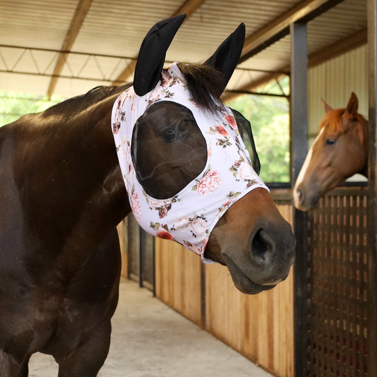 Southlake Paws Jeffers Expression Lycra Horse Fly Mask with Ears, featuring a floral design and mesh eye openings.