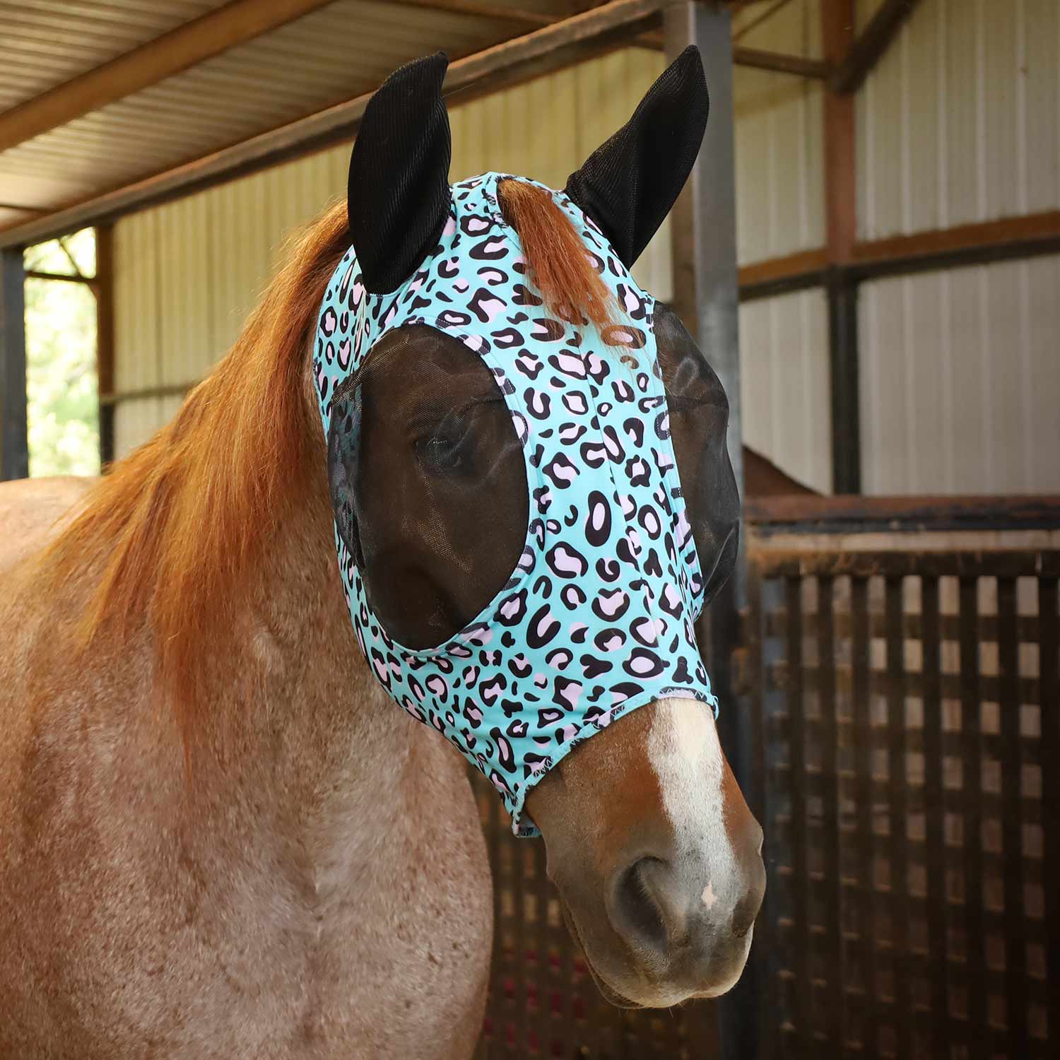 Southlake Paws Jeffers Expression Lycra Horse Fly Mask with Ears features a horse wearing a colorful leopard print mask with 