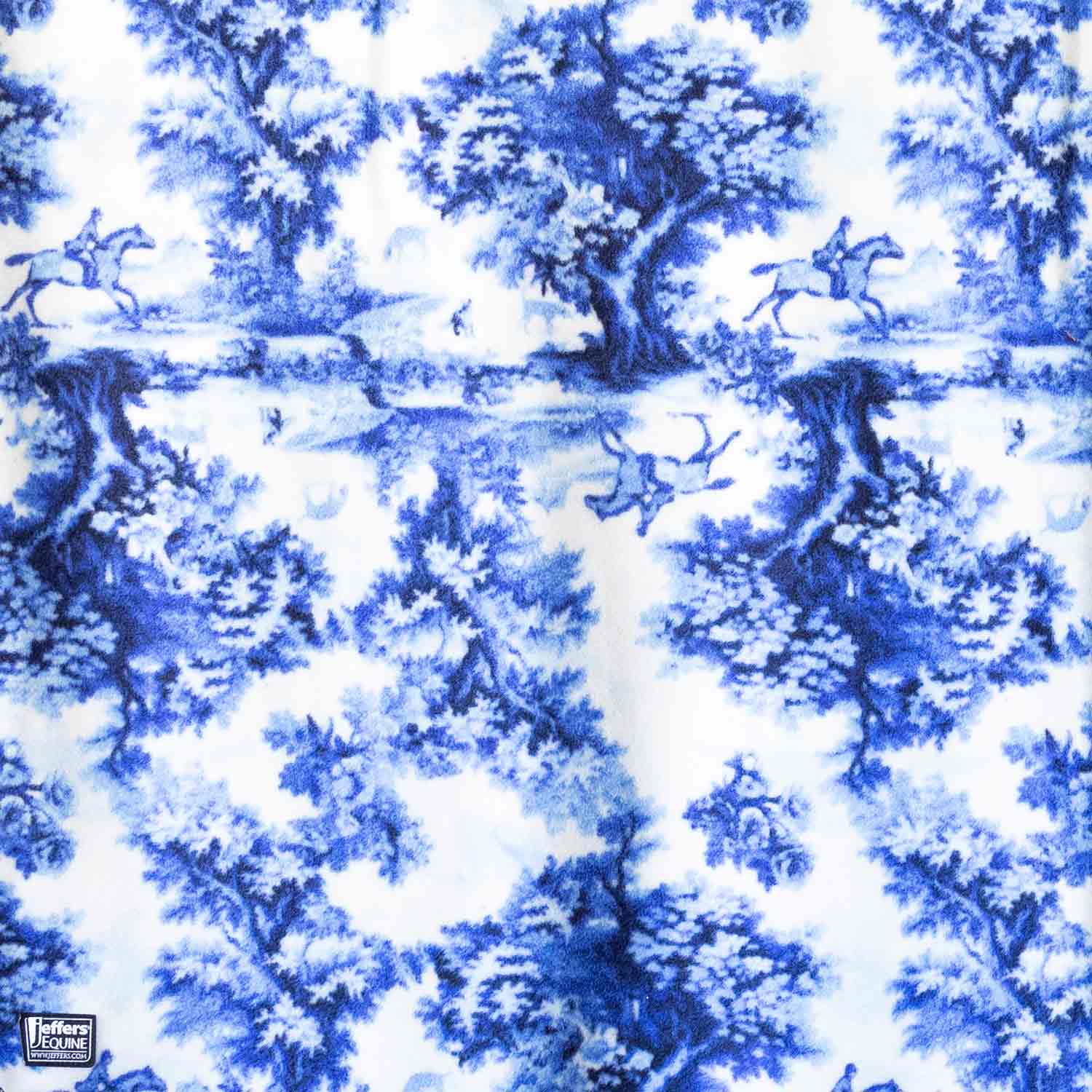 Southlake Paws Jeffers Expression Oversized Fleece Throw Blanket features a blue and white scenic pattern with trees and hors