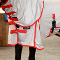 Load image into Gallery viewer, Southlake Paws Jeffers Solaris Horse Fly Sheet in grey with red accents, featuring detachable neck and adjustable straps.
