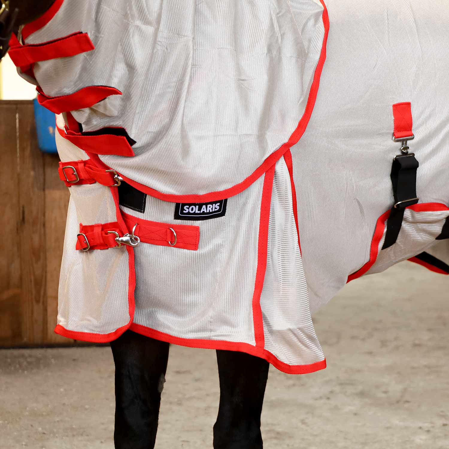 Southlake Paws Jeffers Solaris Horse Fly Sheet in grey with red accents, featuring detachable neck and adjustable straps.