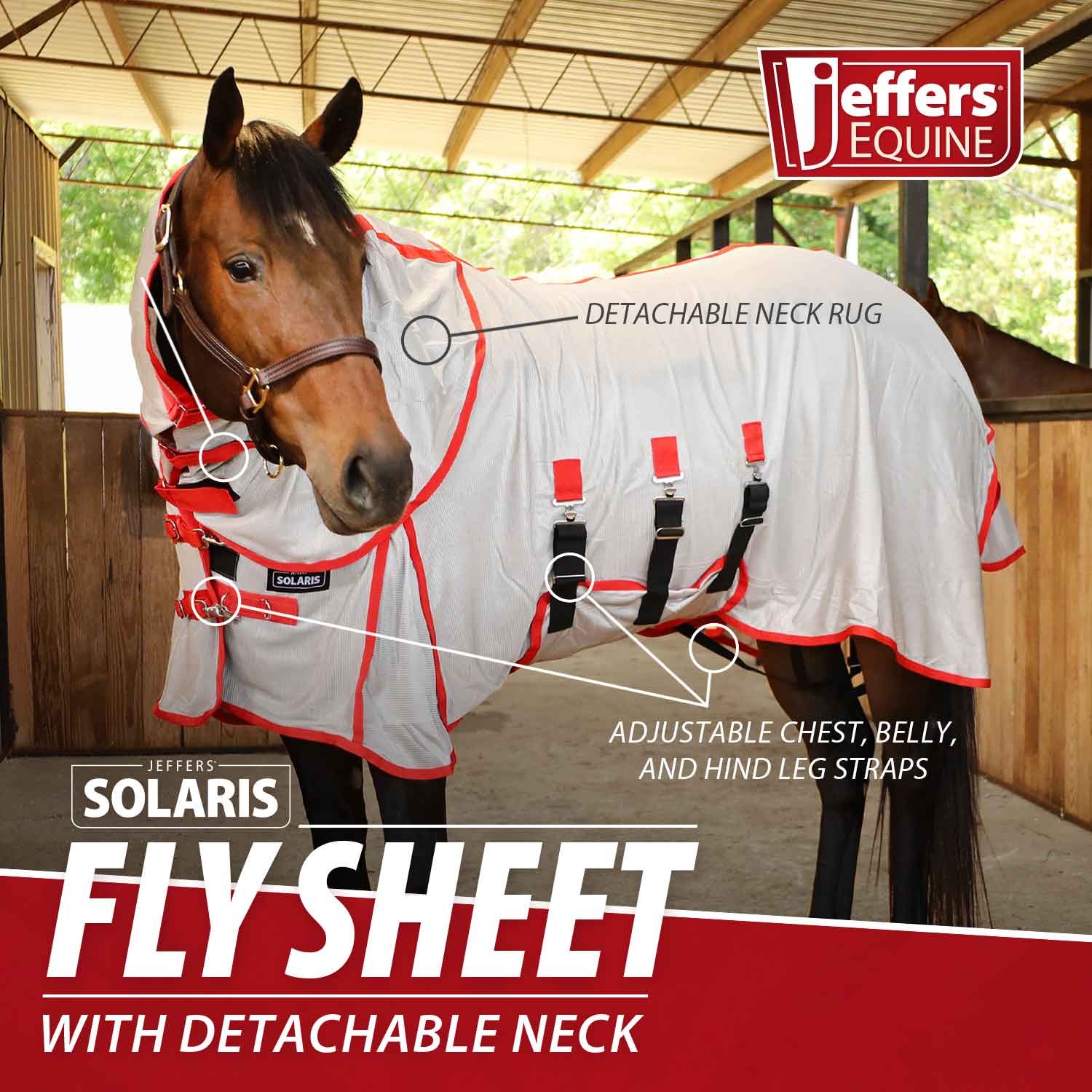 Southlake Paws Jeffers Solaris Horse Fly Sheet in grey and red, featuring a detachable neck rug and adjustable straps.