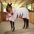 Load image into Gallery viewer, Southlake Paws Jeffers Solaris Horse Fly Sheet with detachable neck in grey and red, fitted on a horse in a stable.
