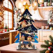 Kurt Adler 23.6-Inch Battery-Operated Light Up Wooden Christmas Tree with Village Scene