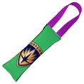 Load image into Gallery viewer, GUARDIANS OF THE GALAXY Dog Toy Squeaky Tug Toy - Groot Pose + GUARDIANS Shield Badge CLOSE-UP Green Purple - Purple Webbing
