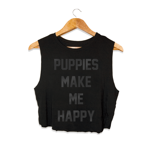 Black Foil Puppies Make Me Happy Crop Top | Present for Dog Moms & Dog Lovers
