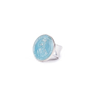 Sterling silver ring with coin and light blue enamel