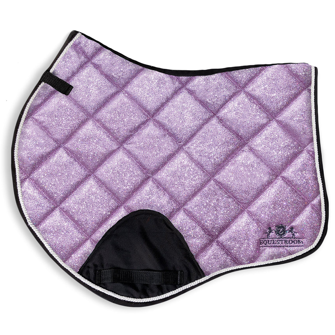 Lavender Saddle Pad by Southlake Paws featuring a quilted design with a glittery finish and black trim.