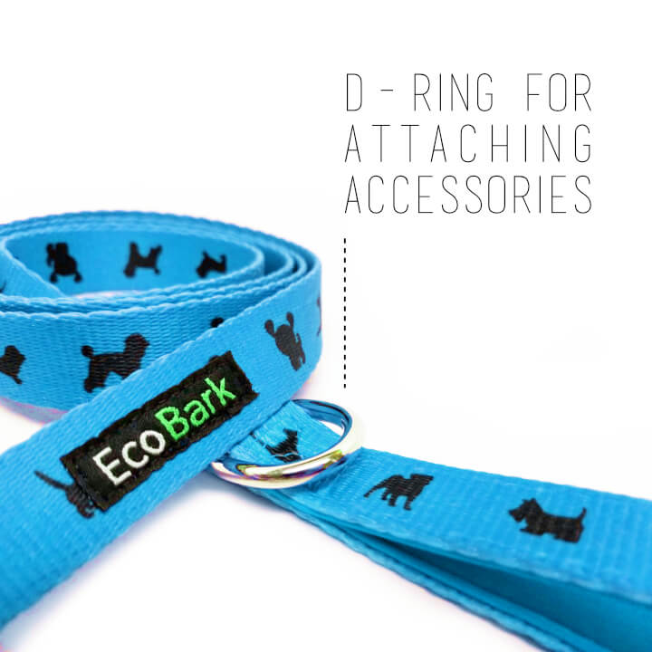 Sky blue EcoBark dog leash with padded comfort grip and D-ring for accessories, featuring a dog pattern. Available in multipl