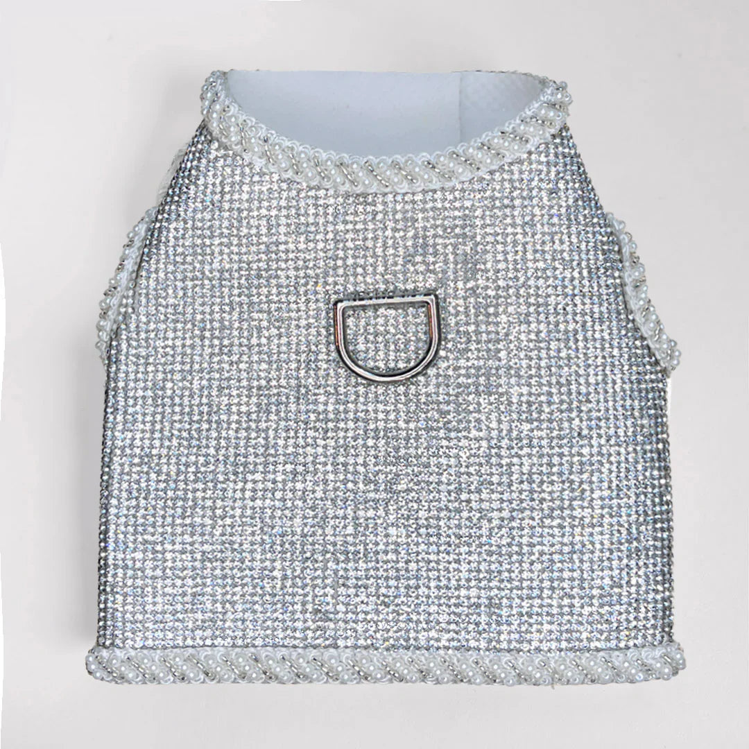 Hello Doggie luxury crystal dog harness with silver crystals and pearl trim for pets