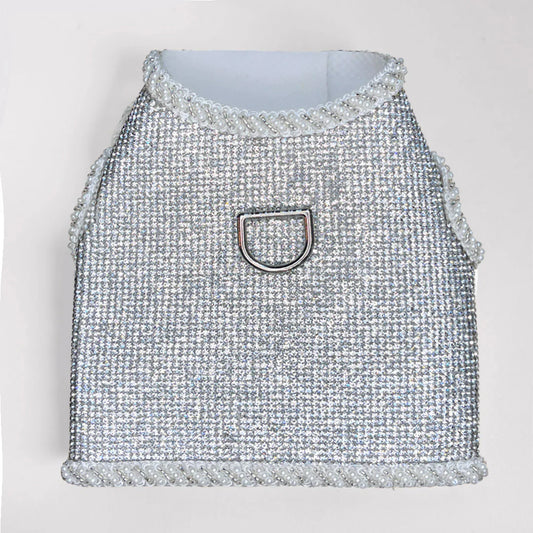 Hello Doggie luxury crystal dog harness with silver crystals and pearl trim for pets