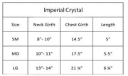 Size chart for Hello Doggie luxury crystal dog harness showing neck girth, chest girth, and length measurements